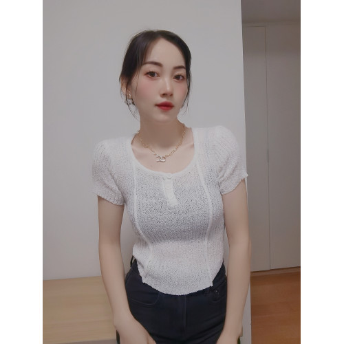 春夏韓版圓領不規則設計感針織短袖女修身顯瘦打底衫短款上衣INS