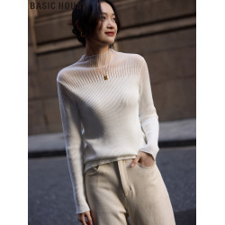Basic House/百家好山茶白半高領大衣內搭蕾絲針織打底衫女春秋季