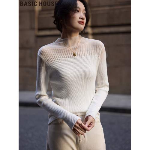 Basic House/百家好山茶白半高領大衣內搭蕾絲針織打底衫女春秋季