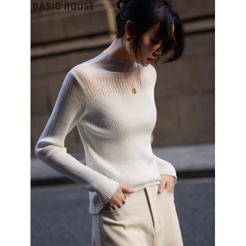 Basic House/百家好山茶白半高領大衣內搭蕾絲針織打底衫女春秋季