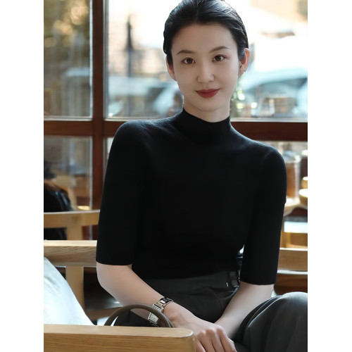 Basic House/百家好半高領中袖針織打底衫女2025早秋新款氣質內搭