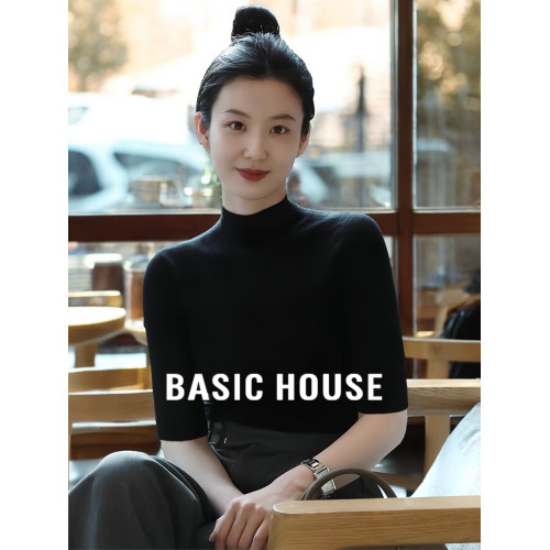 Basic House/百家好半高領中袖針織打底衫女2025早秋新款氣質內搭