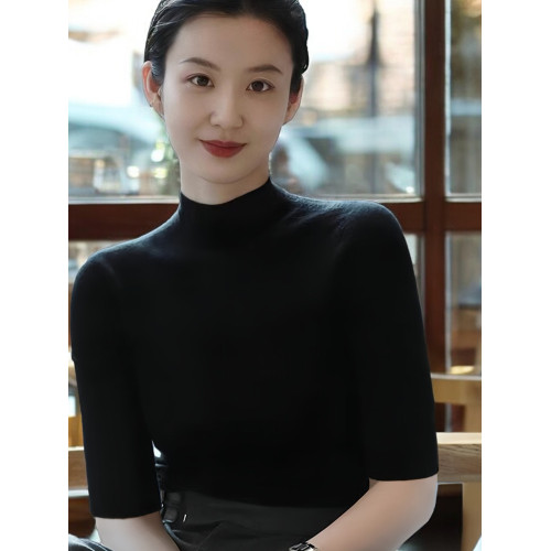 Basic House/百家好半高領中袖針織打底衫女2025早秋新款氣質內搭