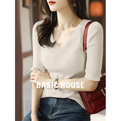Basic House/百家好高級V領針織打底衫女2025夏季新款五分袖上衣