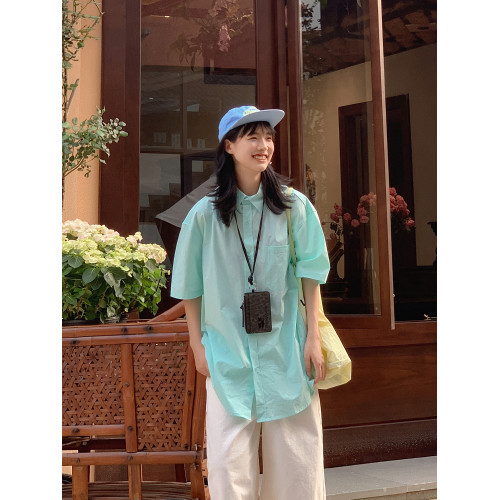 薄荷曼波綠短袖襯衫2025夏季寬松百搭休閒多巴胺潮流男女ins襯衣