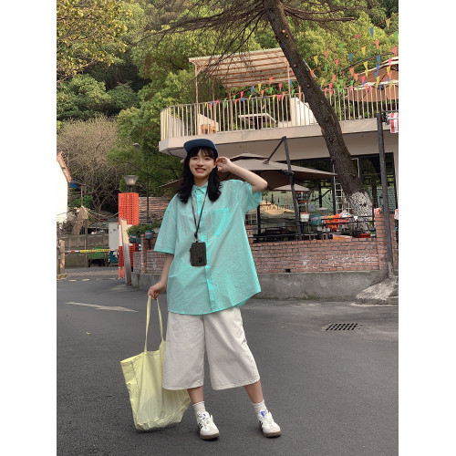 薄荷曼波綠短袖襯衫2025夏季寬松百搭休閒多巴胺潮流男女ins襯衣
