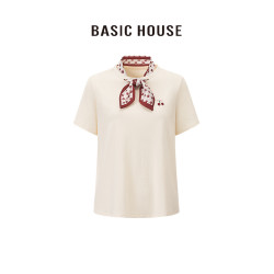 百家好/Basic House法式設計感絲帶短袖T恤女牛仔褲通勤時尚套裝