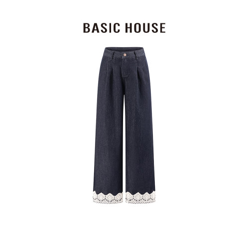 百家好/Basic House法式設計感絲帶短袖T恤女牛仔褲通勤時尚套裝