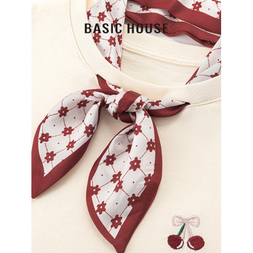 百家好/Basic House法式設計感絲帶短袖T恤女牛仔褲通勤時尚套裝