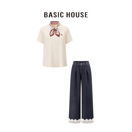 百家好/Basic House法式設計感絲帶短袖T恤女牛仔褲通勤時尚套裝