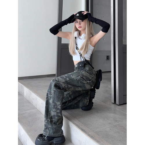 高級美式迷彩女牛仔褲夏季薄款寬松高腰顯瘦小個子辣妹休閒工裝褲