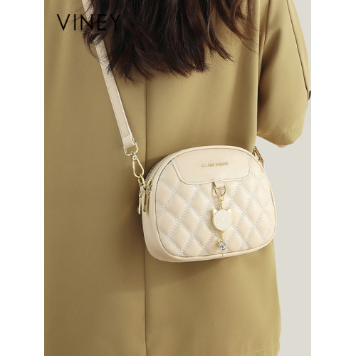 Viney包包2025新款真皮斜後背包女包小香風鏈條菱格百搭單肩小圓包