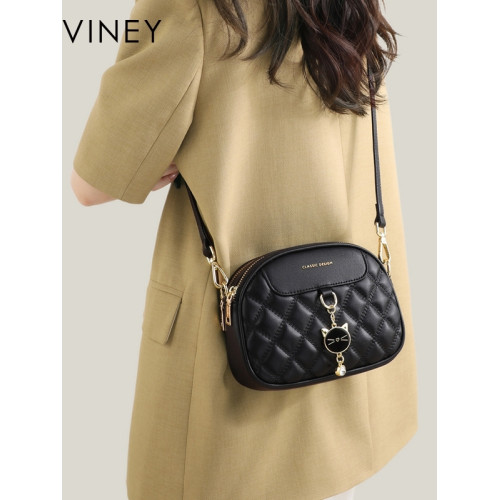 Viney包包2025新款真皮斜後背包女包小香風鏈條菱格百搭單肩小圓包