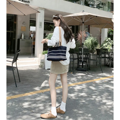 小香風新款條紋帆布包手提單肩托特包大容量度假休閒女包牛仔布包