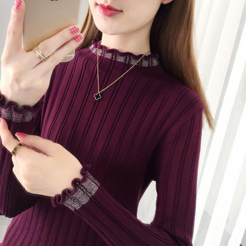 半高領打底衫女秋冬內搭2025新款洋氣亮絲修身套頭木耳邊針織毛衣
