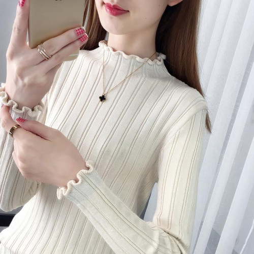 半高領打底衫女秋冬內搭2025新款洋氣亮絲修身套頭木耳邊針織毛衣