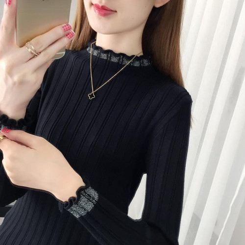 半高領打底衫女秋冬內搭2025新款洋氣亮絲修身套頭木耳邊針織毛衣