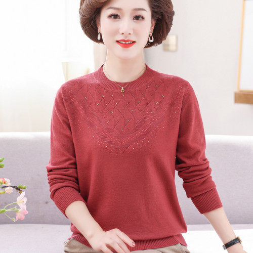 中年春秋彈力上衣新款中老年女秋裝薄款毛衣40嵗50媽媽純色打底衫