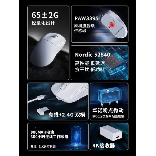黑爵AJ199 4K版PAW3395無線滑鼠遊戯雙模電競專用小手2.4g/有線