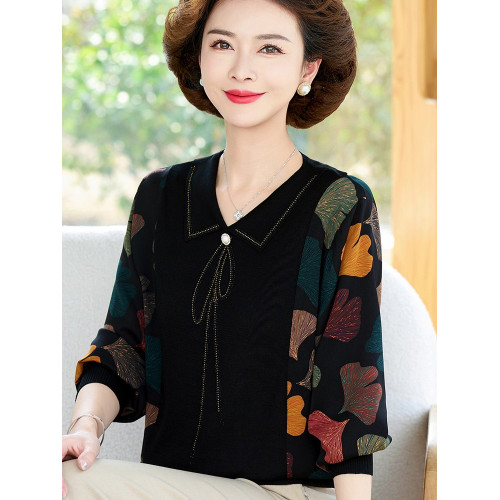 媽媽裝新款雪紡拼接襯衫中老年女寬松休閒上衣春秋長袖針織打底衫