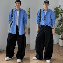 方人也屹春秋韓版藍襯衫男長袖寬松大版百搭休閒襯衣外套打底衫