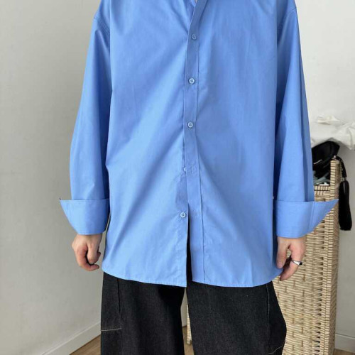 方人也屹春秋韓版藍襯衫男長袖寬松大版百搭休閒襯衣外套打底衫