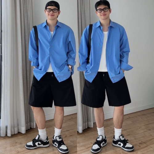 方人也屹春秋韓版藍襯衫男長袖寬松大版百搭休閒襯衣外套打底衫