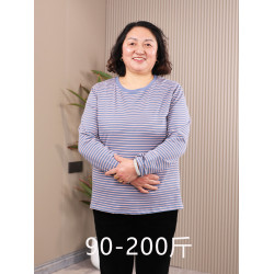 老人秋衣60嵗中老年純棉上衣200斤胖媽媽大碼條紋長袖打底衫70嵗