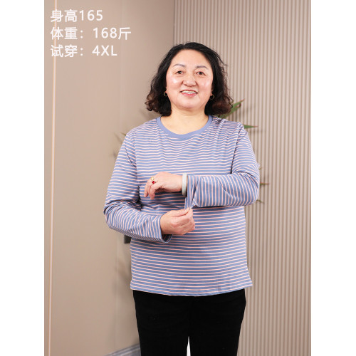 老人秋衣60嵗中老年純棉上衣200斤胖媽媽大碼條紋長袖打底衫70嵗