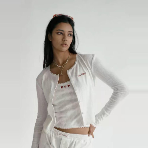 badblood圓領針織開衫女辣妹純欲蕾絲吊帶愛心刺綉長袖打底衫