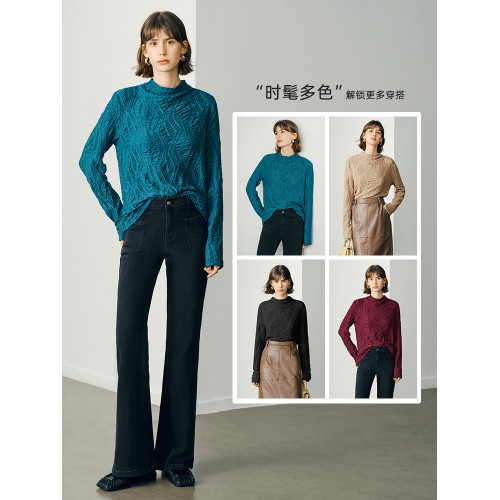 顔域藍色長袖打底衫女士2024新款秋季簡約通勤半高領長袖寬松上衣