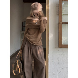 初秋氛圍感美拉德穿搭一字肩打底衫女秋季露肩高級感針織衫上衣