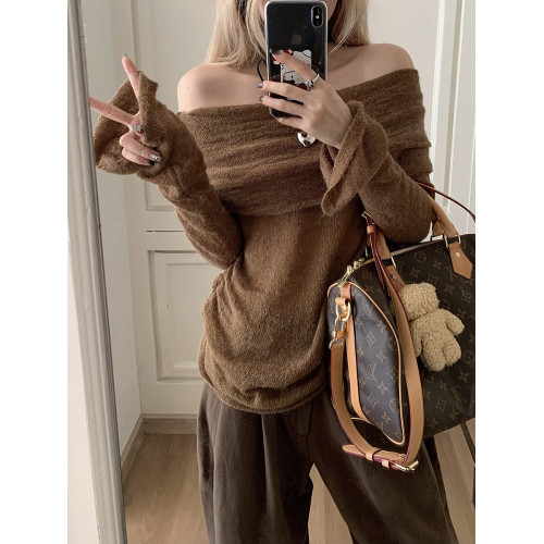 初秋氛圍感美拉德穿搭一字肩打底衫女秋季露肩高級感針織衫上衣