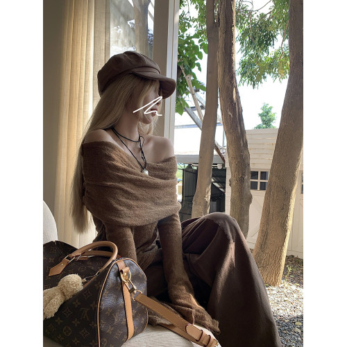 初秋氛圍感美拉德穿搭一字肩打底衫女秋季露肩高級感針織衫上衣