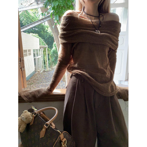 初秋氛圍感美拉德穿搭一字肩打底衫女秋季露肩高級感針織衫上衣