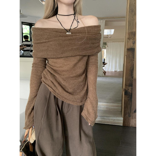 初秋氛圍感美拉德穿搭一字肩打底衫女秋季露肩高級感針織衫上衣