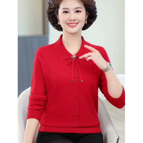 春秋款女羊毛衫上衣服喜慶婆媽結婚宴禮服穿紅色打底衫長袖中年輕