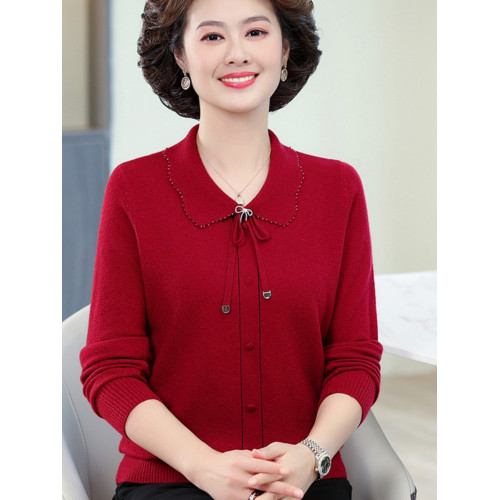 春秋款女羊毛衫上衣服喜慶婆媽結婚宴禮服穿紅色打底衫長袖中年輕