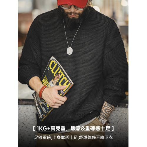 馬登工裝美式復古重磅肌理針織毛衣寬松落肩圓領套頭打底衫男春