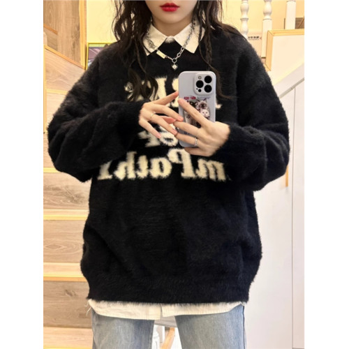 美式字母水貂絨毛衣女秋冬季高中初中學生大童女孩加絨加厚打底衫