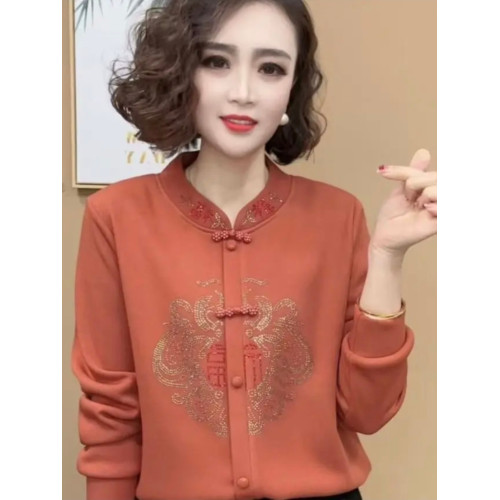 冬季新款風立領燙鑽打底衫女洋氣高貴媽媽裝寬松遮肚保暖上衣