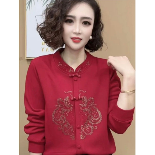 冬季新款風立領燙鑽打底衫女洋氣高貴媽媽裝寬松遮肚保暖上衣