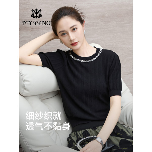 商場同款馬天奴夏季新款黑色短袖法式重工針織衫打底衫女士上衣紫