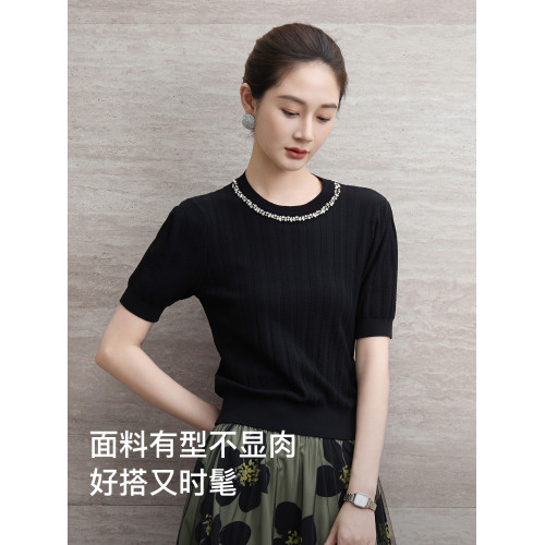 商場同款馬天奴夏季新款黑色短袖法式重工針織衫打底衫女士上衣紫