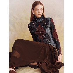 風家窄衆酒漬車厘子阿蓋爾菱格印花彈力萬搭長袖高領打底衫TS0586