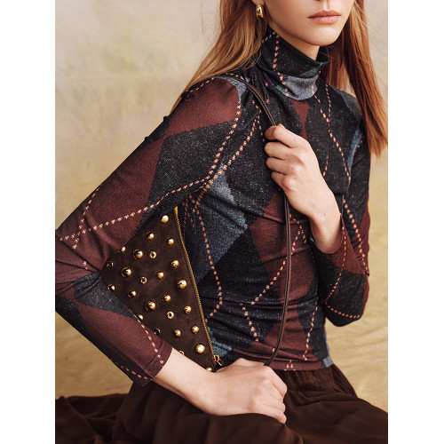 風家窄衆酒漬車厘子阿蓋爾菱格印花彈力萬搭長袖高領打底衫TS0586