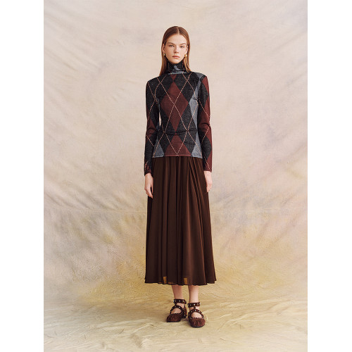 風家窄衆酒漬車厘子阿蓋爾菱格印花彈力萬搭長袖高領打底衫TS0586