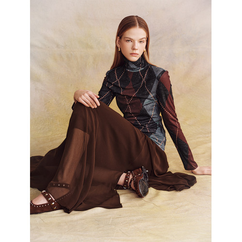 風家窄衆酒漬車厘子阿蓋爾菱格印花彈力萬搭長袖高領打底衫TS0586