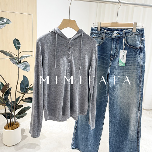 mimifafa 牆裂推薦 25新 單排小釦連帽針織打底衫寬松慵懶風帽衫