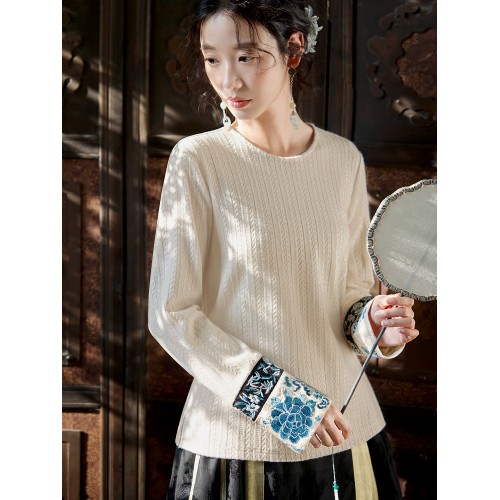 花製作 唸遠叁 原創國風刺綉打底衫女新中式民族風休閒針織上衣